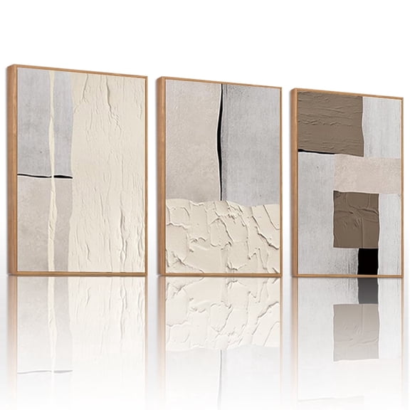 Large Abstract Neutral Framed Wall Art Set Mid Century Beige Textured Canvas Wall Decor Brown Gray Block Art Painting Set of 3 for Living Room Bedroom Dining Room Office 24"x36"