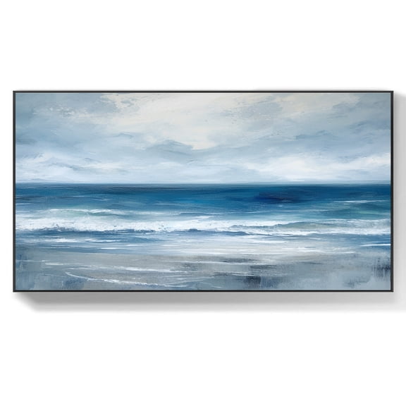 Large Abstract Ocean Landscape Oil Painting on Canvas Modern Dark Blue Sky Art Contemporary Wall Decor for Living Room,Unstretched,Frameless,(61*122cm)24*48Inches