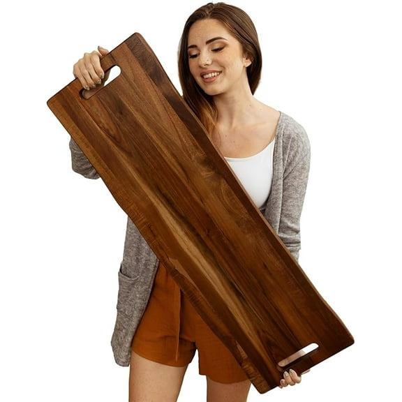 Large Acacia Serving Board with Handles, 36 x 12 Inch Rectangular Charcuterie Platter, Natural Wood Server for Meat, Cheese Board, and Party Appetizers, Extra Long 3ft