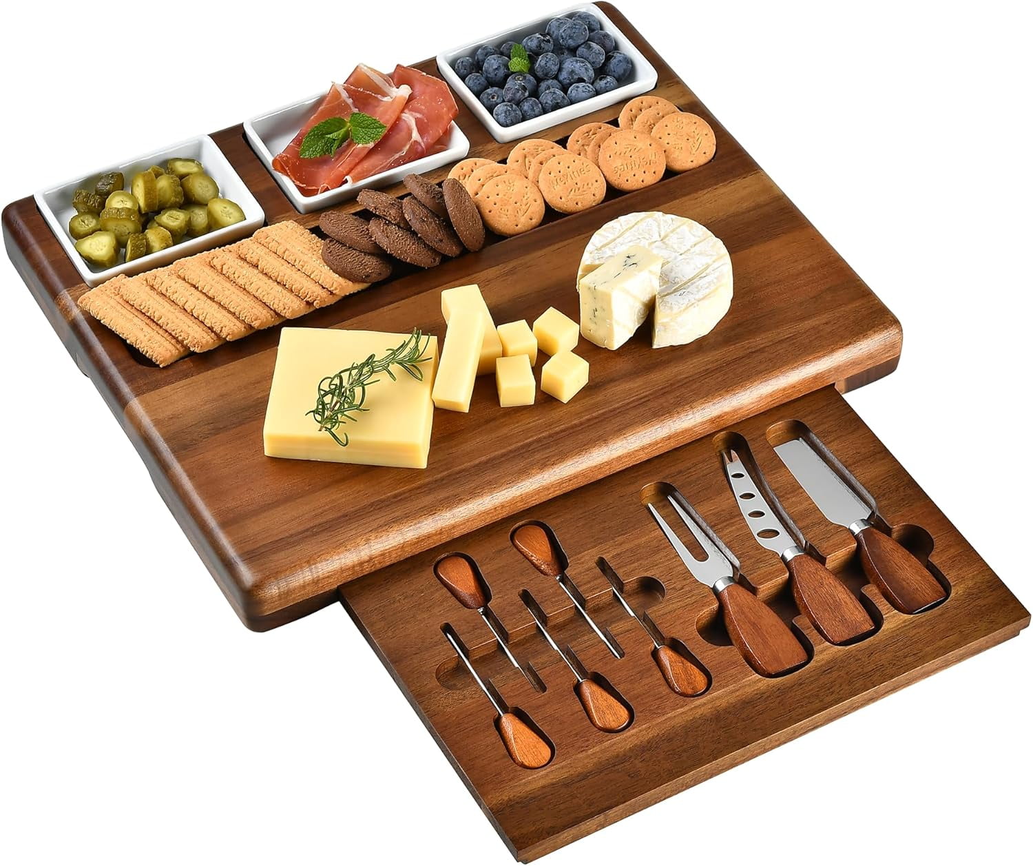 Large Acacia Wood Charcuterie Board Set with 3 Removable Ceramic Bowls ...