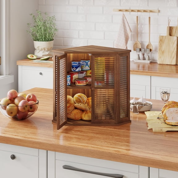 Large Acacia Wood Corner Bread Box with Glass Wavy Door for Kitchen Countertop Storage