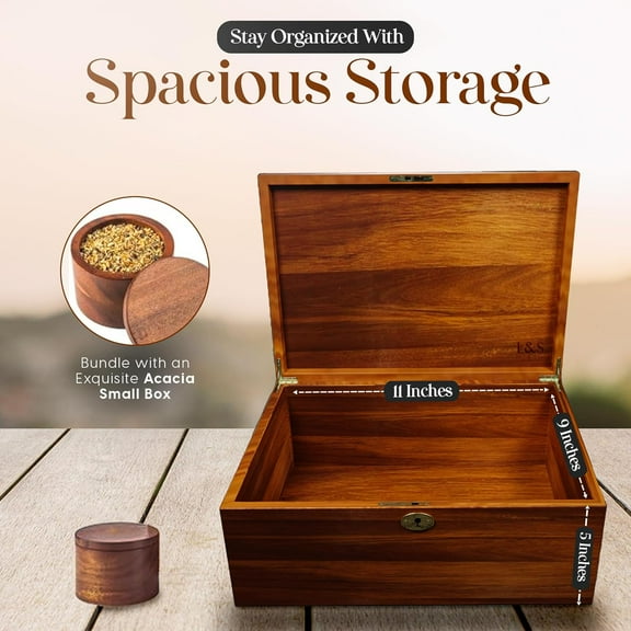 Large Acacia Wood Memory Box with Hinged Lid and Lock, Decorative Storage Gift Box for Keepsakes