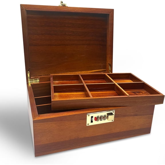 Large Acacia Wood Storage Box with Hinged Lid, Combination Lock, and Removable Grid Tray
