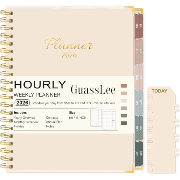 OuMuaMua 8.5 x 11 in Beige Weekly Planner, Jul 2026 to Jun 2027 Hourly Daily Agenda Organizer for Homeschool and Office Planning
