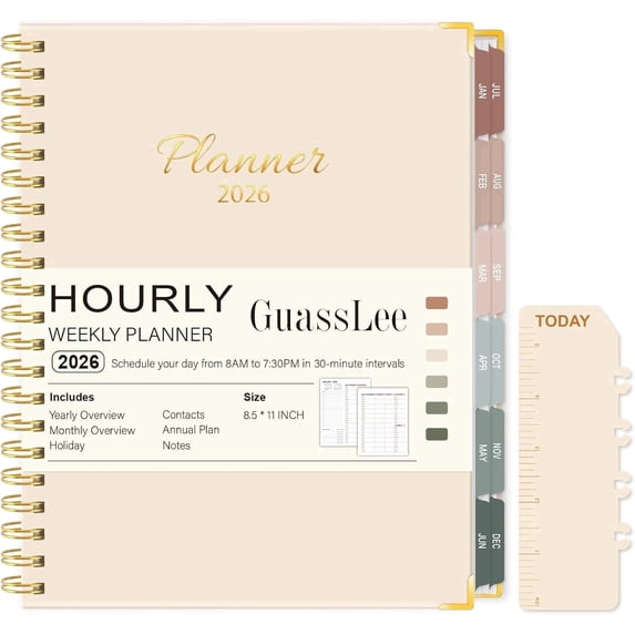 OuMuaMua Large Academic Planner, 8.5 x 11 Inch Weekly Agenda, Jul 2026-Jun 2027 Hourly Organizer, Beige for Home School
