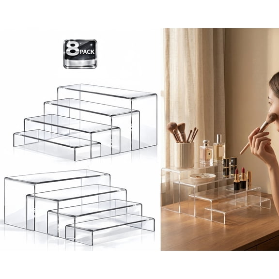 Shelf Display Risers, Large Acrylic Display Risers, 8 Pcs (2 Sets of 7, 8, 9) Clear Riser Rectangular Acrylic Stands for Display, Decor, Cakes, Retail & Shoe Showcase
