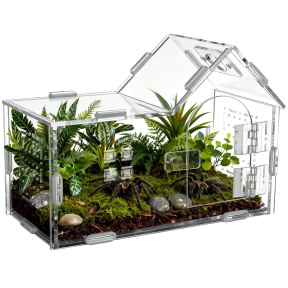 Large Jumping Spider Acrylic Enclosure, Clear Acrylic Spider Habitat Box with Adsorptive Door & Feeding Hole, Ventilated Small Reptile Terrarium for Small Lizard Snail Cricket Mantis
