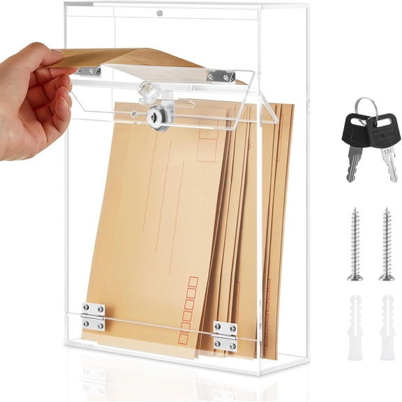 Large Acrylic Locking Mailbox, Clear Wall Mount Drop Box with Key & Magnetic Closure, 8.5"x 3" x 12" Waterproof Transparent Comment Box for Office School House Outside