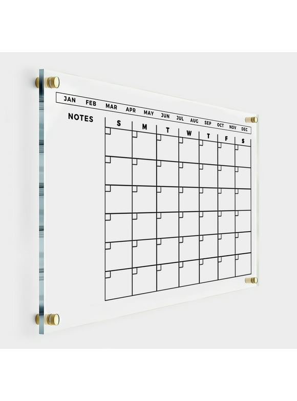 Large Acrylic Wall Calendar with Notes - 14x11 inches - Gold Hardware - Sunday