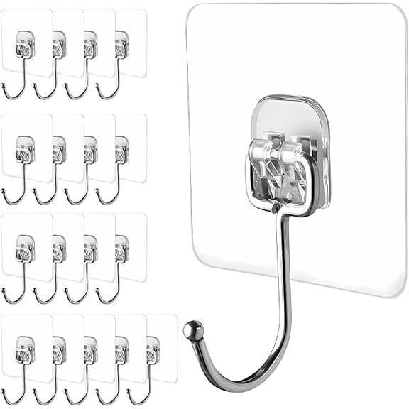 Large Adhesive Hooks, 18 Pack Hold 44lb(Max) Heavy-Duty Sticky Hooks,Waterproof & Rustproof Wall Hook for Hanging Can be Use Kitchen Bathroom Outdoor Ceiling Office, Transparent