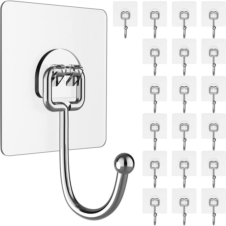 Large Adhesive Hooks for Hanging Heavy Duty 44Ib Max 20 Packs Wall Hangers without Nails Self Adhesive Traceless Clear and Removable Waterproof and