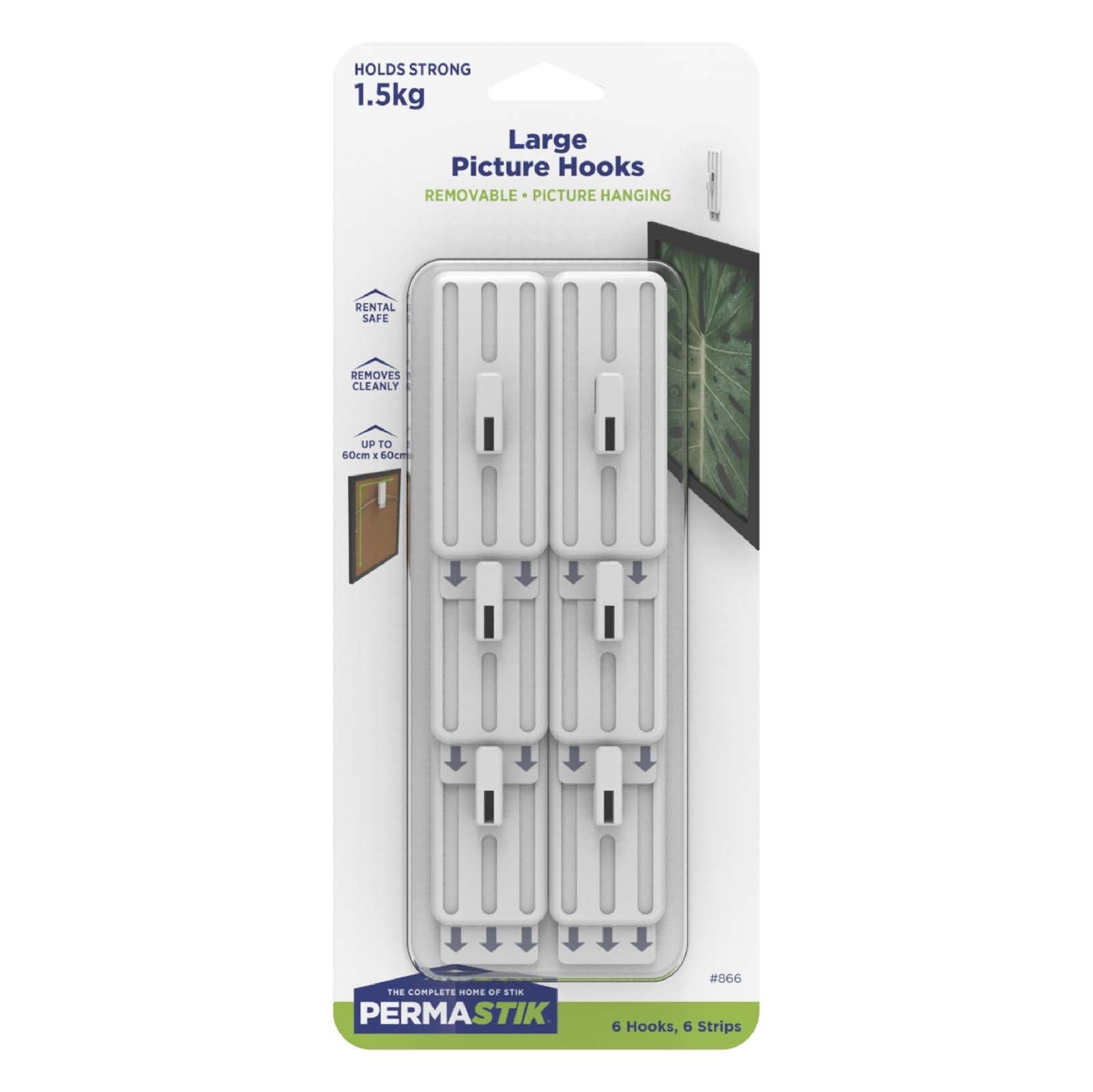 Large Adhesive Picture Hooks, Rental Safe Holds up to 3.3 lbs (6 Pack