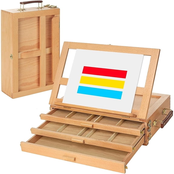 Large Adjustable Artist Tabletop Sketchbox Easel- Multi-Function Solid Beech Wood Storage Box Easel with 3-Drawer for Artist, Art Students & Beginners