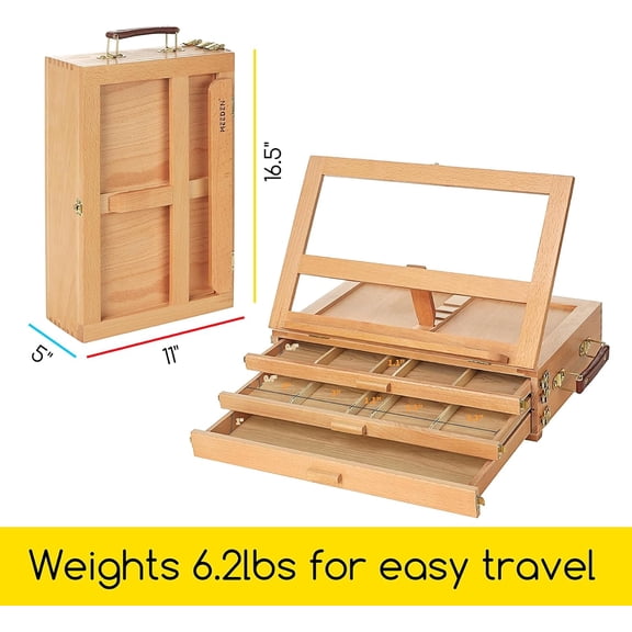 Large Adjustable Artist Tabletop Sketchbox Easel- Multi-Function Solid Beech Wood Storage Box Easel with 3-Drawer for Artist, Art Students & Beginners