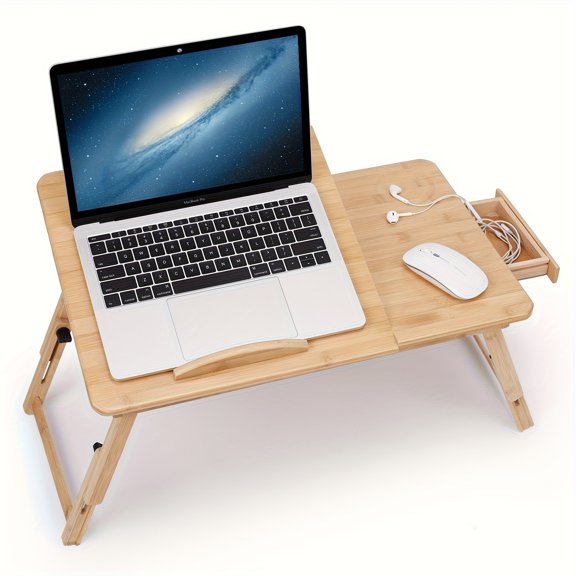 Large Adjustable Bamboo Laptop Desk for Bed Sofa, Left,Right Handed Use, Tilting Table with Drawer, Breakfast Serving Tray, Compact Bedside Desk for Home, Office&Dorm