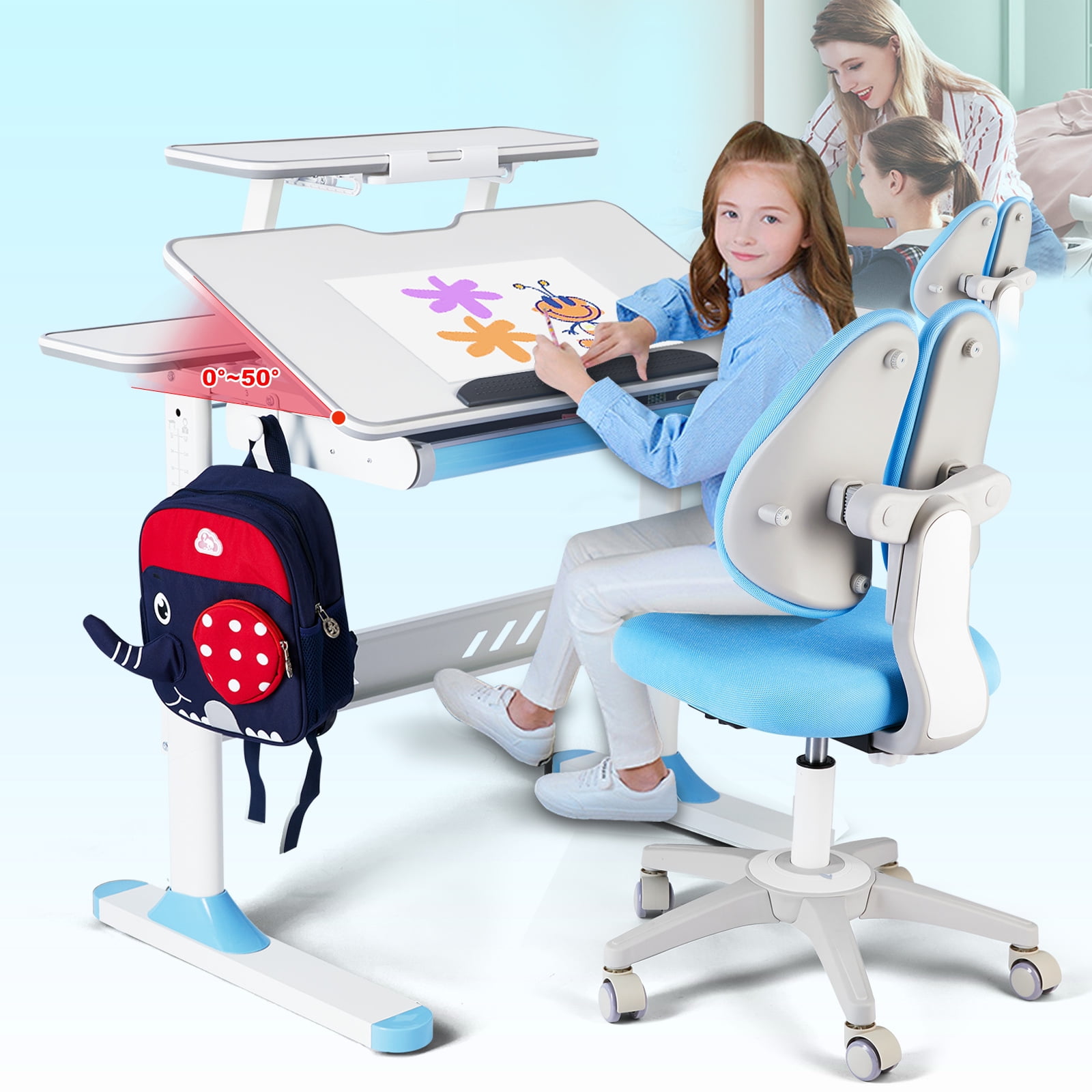 Large Adjustable Kids Study Desk and Chair Set Ergonomic Boys School Table with Writing Board,Drawer,Bookstand(Blue)
