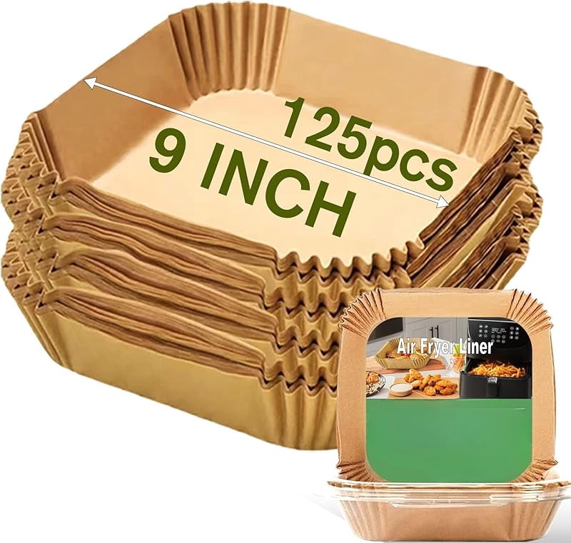 Large Air Fryer Disposable Paper Liners Square 9 Inch, 125 Pcs Parchment paper liner for 5-8QT fryer, Oil-proof, Water-proof, Baking Roasting Microwave
