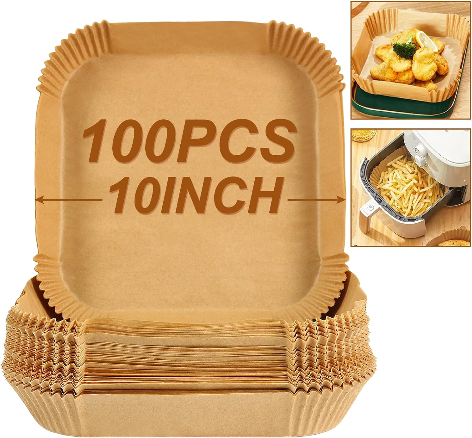 Large Air Fryer Liners, Set of 100, 10 Inch Square Air Fryer Liners, XL Airfryer Disposable Paper Liner, Compatible with Corsori, Ninja, Gourmia Airfryer and More