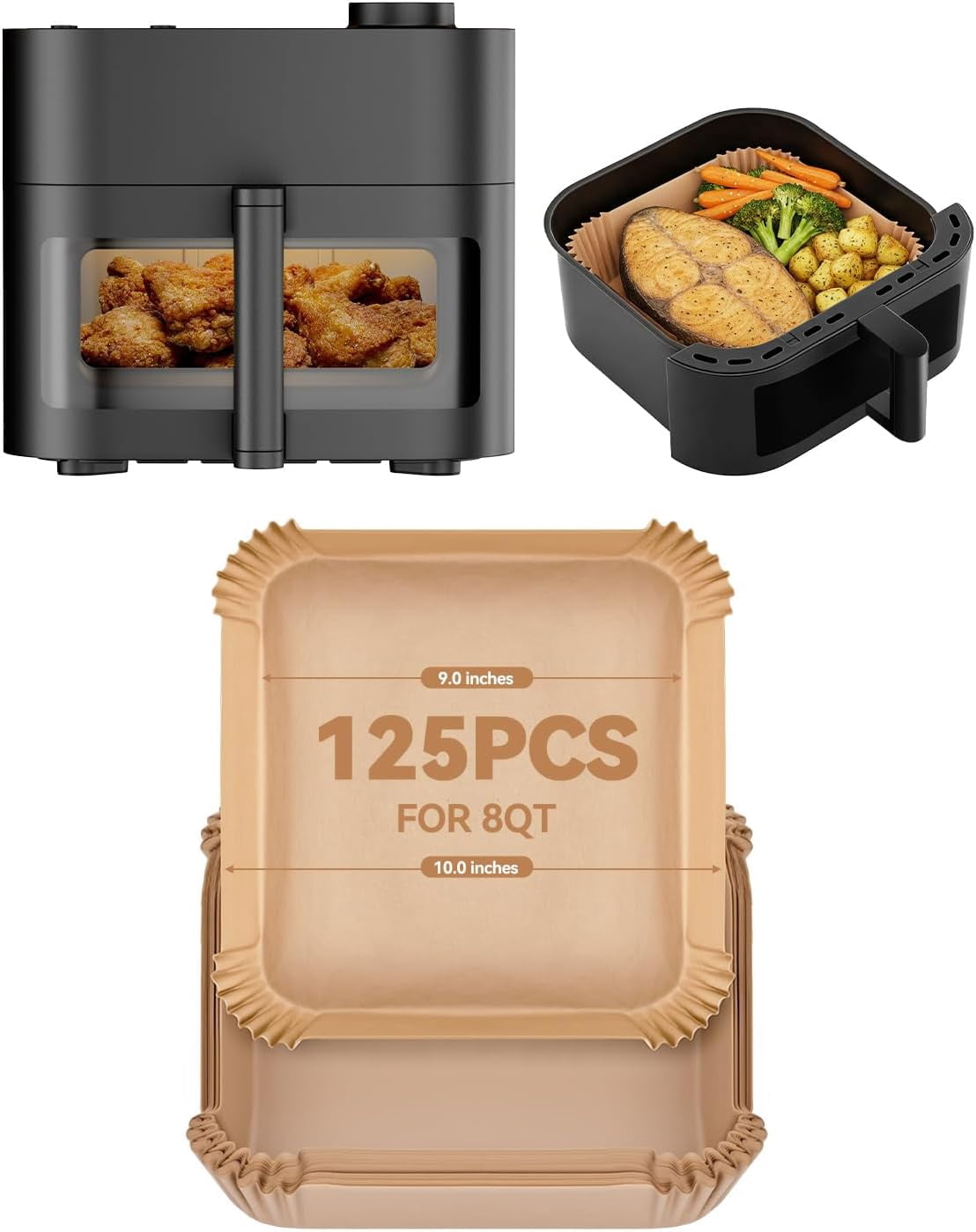 Large Air Fryer Paper Liners Compatible with Chefman Crispinator Air Fryer 6-in-1 8QT Capacity, 125PCs Square 9 Inch Disposable Liners Non-Stick and Oil-Proof Food Safe Parchment for Easy Cleanup