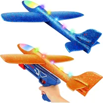 Large Airplane Toys with Launcher,2 Flight Modes LED Light Foam Glider Planes,for Kids Xmas Birthday Gifts for 4 5 6 7 8 9 10 Year Old Boys Girls (2 Pack)