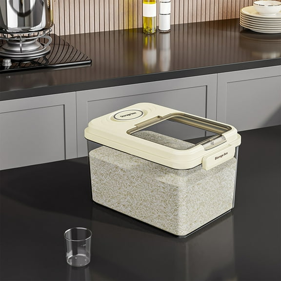 Large Airtight 22lb Rice Container, Food Storage Cereal & Pet Dog Food Bin with Measuring Cup, 1-Piece White or Beige Plastic Grain Container for Kitchen