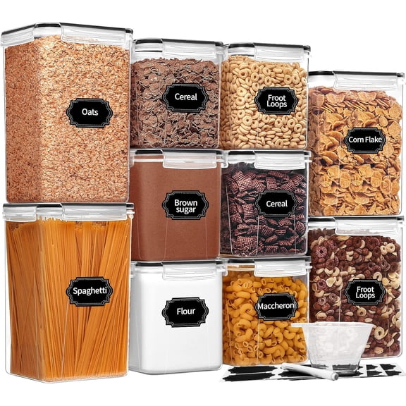 Large Airtight Food Storage Containers with Lids, 10 Pack Cereal Containers Storage Set - BPA Free Pantry Orrs and Storage for Flour, Sugar & Rice with Measuring Cup, Labels & Marker