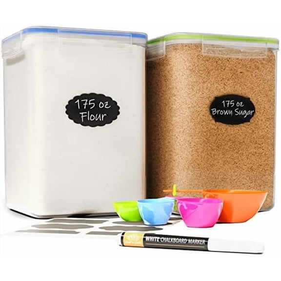 Large Airtight Food Storage Containers with Lids, Pack of 2, 5.2L, 175Oz, Airtight Kitchen and Pantry Bulk Canisters for Flour, Sugar, Rice, and Baking Supplies - Transparent