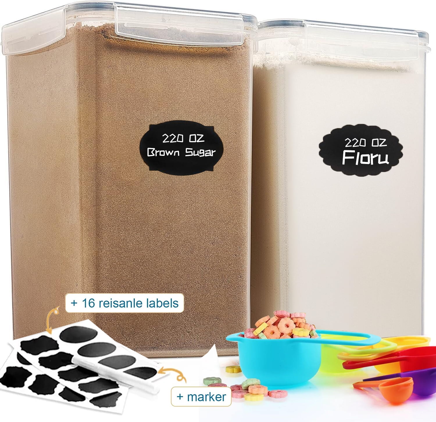 XOTAISM 6 Pcs Airtight Flour and Sugar Containers with 132 Kitchen Pantry  Labels Preprinted - Stackable Plastic Cereal Storage Canisters with Lids