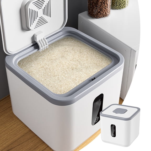 Large Airtight Rice Dispenser | 9.05x9.05x6.69 Inch Countertop Cereal Grain Storage Container with Lid & Measuring Cup | 1-Piece Kitchen Food Bin for Flour, Beans, Pet Food