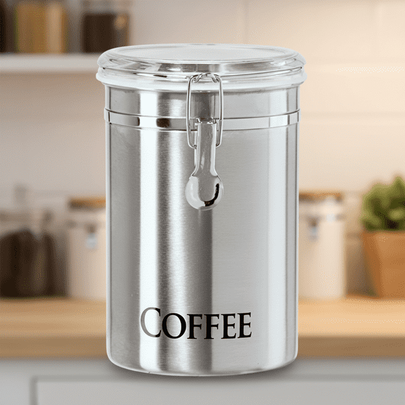 Large Airtless Coffee Canister with Clear Lid for Beans and Grounds, 62 oz Stainless Steel Kitchen Storage Container, 5 x 7.5 Inch Pantry Organization Jar