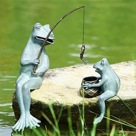 Large Aluminum Mama Frog And Baby Frog Fishing Garden Statue Pond Edge Sitter