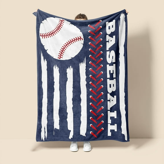 Large American Baseball Theme Flannel Blanket - Soft Anti-Tear & Throw with Printed Baseball & Stripes Design, All-Season Cozy Comfort for Home, Sports Fans Gift