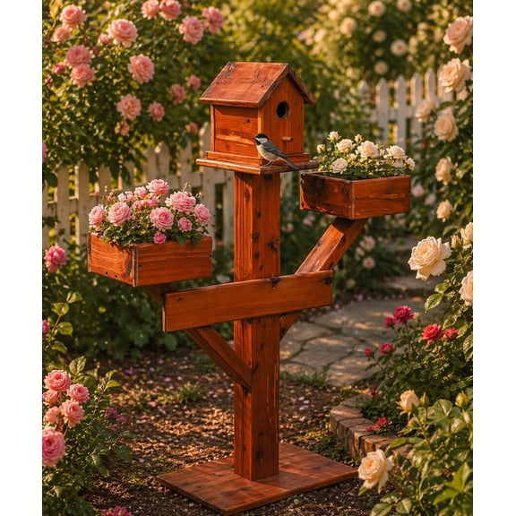 Large Amish Handcrafted Cedar Birdhouse Planter Stand – Solid Red Cedar Garden Birdhouse with 8-Inch Pot Platform
