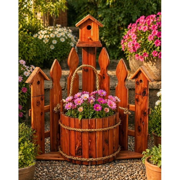 Large Amish Handcrafted Cedar Corner Planter with Birdhouse  Rustic Red Cedar Garden Planter with Picket Fence