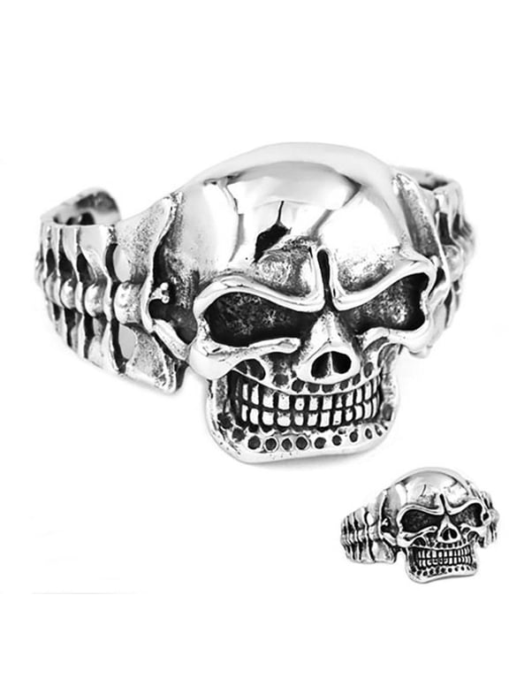 Large Angry Skull Bracelet Silver Stainless Steel Pirate Gothic Biker Cuff