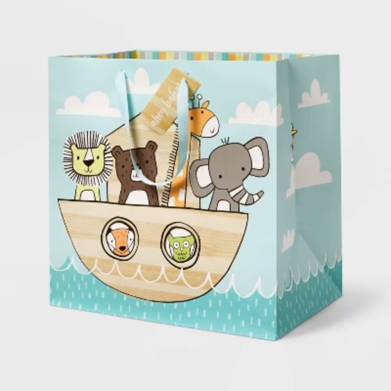 Large Animals in Ark Baby Shower Gift Bag Multicolor Paper, 15x15x10, Gender Neutral, Baby Boy & Baptism