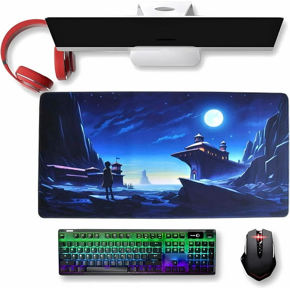 Large Anime Gaming Mouse Pad XXL Extended Blue Mousepad Moon Rectangle Desktop Mouse Mat Cartoon Non-Slip Rubber Base Desk Pads for Work and Esports(Size:31.5x11.8in)