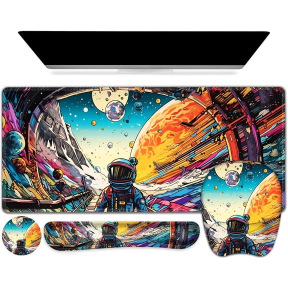 Large Anime Mouse Pad with Wrist Support 4 in1 Set, XXL Big Game Mousepad + Keyboard Wrist Rest+Mouse Wrist Rest Pad +Coaster Gaming Mat for Home Office Computer Boy Man I Strange Planet Space Scene