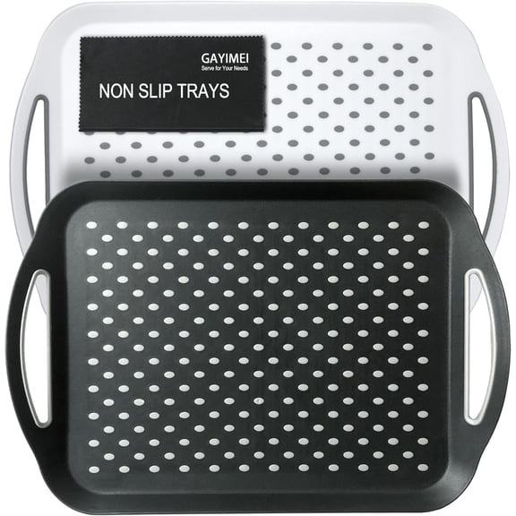 Large Anti-Slip Serving Tray with Handles, Dual Rubber Grippy Lap s for Eating, Dinning, Breakfast, on Couch/TV, Black & White - Set of 2