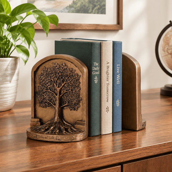 Large Antique Bronze Tree of Life Decorative Bookends Set for Shelves and Home Office