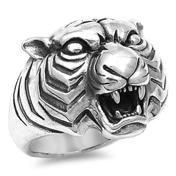 Large Antiqued Tiger Head Animal Ring .925 Sterling Silver Band Jewelry Female Male Unisex Size 13