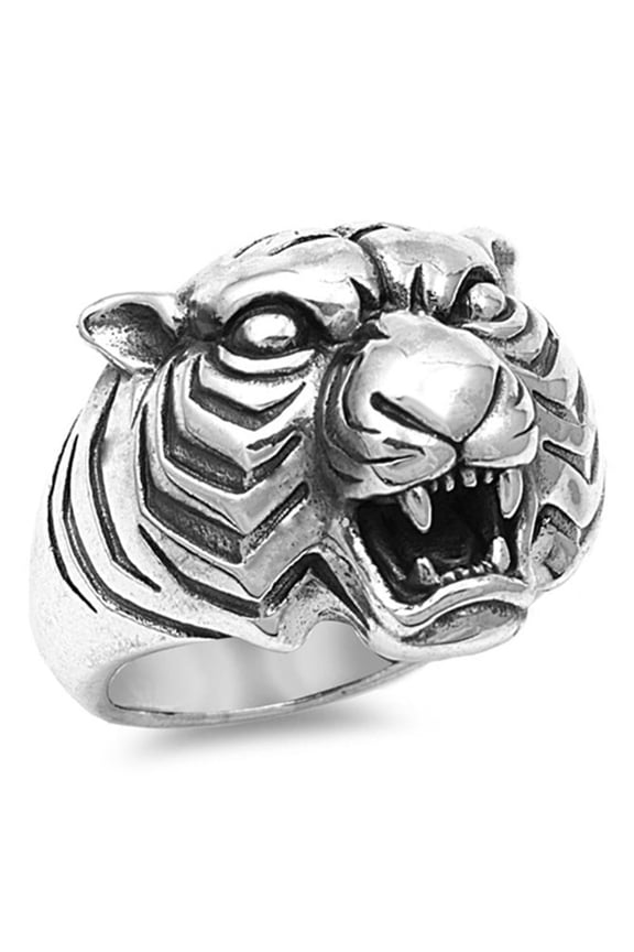 Large Antiqued Tiger Head Animal Ring .925 Sterling Silver Band Jewelry Female Male Unisex Size 9