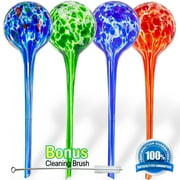 Large Aqua Glass Plant Watering Globes - Automatic Self Watering System Insert Spikes - Indoor/Outdoor Plant Drip Irrigation - 20z 4pc Set - Multicolor