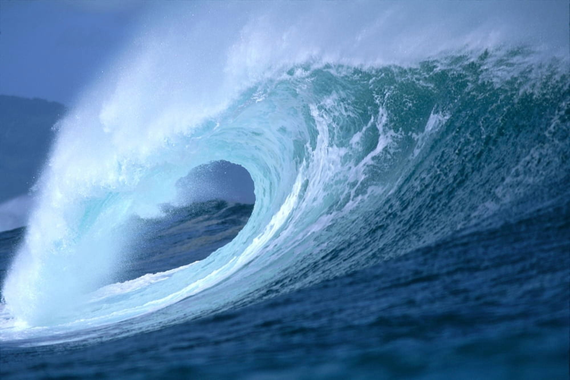Large Aqua Wave Curling Spray And Whitewash Blue Sky Canvas Art - Vince Cavataio Design Pics (38 x 24)