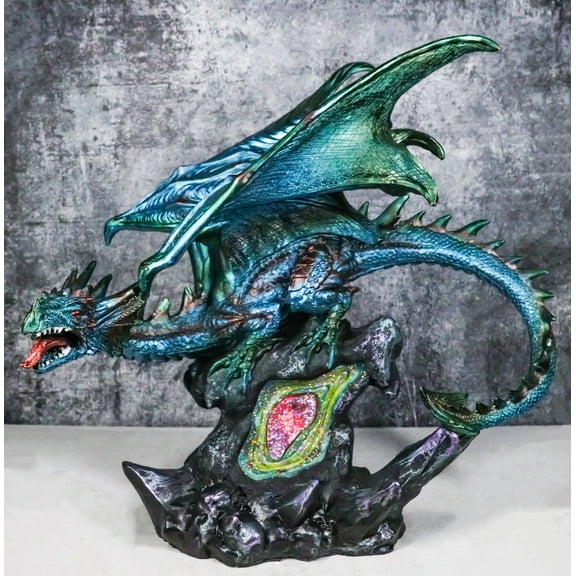 Large Aquamarine Iridescent Dragon Guarding LED Faux Crystal Geode Rock Figurine
