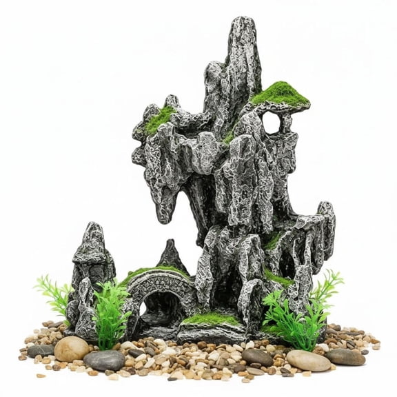 Large Aquarium Mountain Decoration, 6.7 x 3.9 x 8.3 in Rockery Landscape Hiding Cave, Realistic Rock Fish Tank Ornament with Simulated Moss, Ecosystem Enhancer for Betta, Shrimp