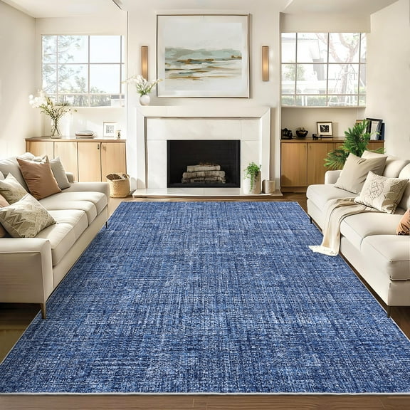 Large Area Rug 10x13 Washable Rug Solid Blue Rug for Living Room, Plain Rug, Stain Resistant Low Pile Thin Rug, Soft Thin Modern Rug, Foldable Printed Rug for Bedroom