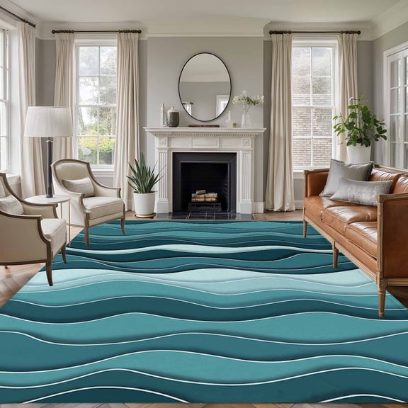 Large Area Rug 5'x8', Abstract Turquoise Moire Non-slip Runner Carpet for Living Room/Bedroom/Office, Gradient Coastal Ocean Geometric Outdoor Indoor Area Rugs Floor Mat for Kitchen/Dining Room