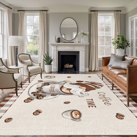Large Area Rug 5'x8', Coffee Gnomes Non-slip Runner Carpet for Living Room/Bedroom/Office, Farmhouse Brown Plaid Teacup Beans Outdoor Indoor Rectangle Area Rugs Floor Mat for Kitchen/Dining Room