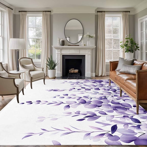 Large Area Rug 5'x8', Purple Eucalyptus Non-slip Runner Carpet for Living Room/Bedroom/Office, Botanical Plant Rustic Branch Floral Outdoor Indoor Area Rugs Floor Mat for Kitchen/Dining Room